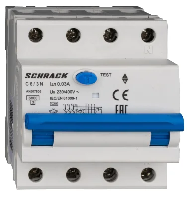 Автоматический выключатель с УЗО C6А/3+N, 6кА, 30мА, тип А