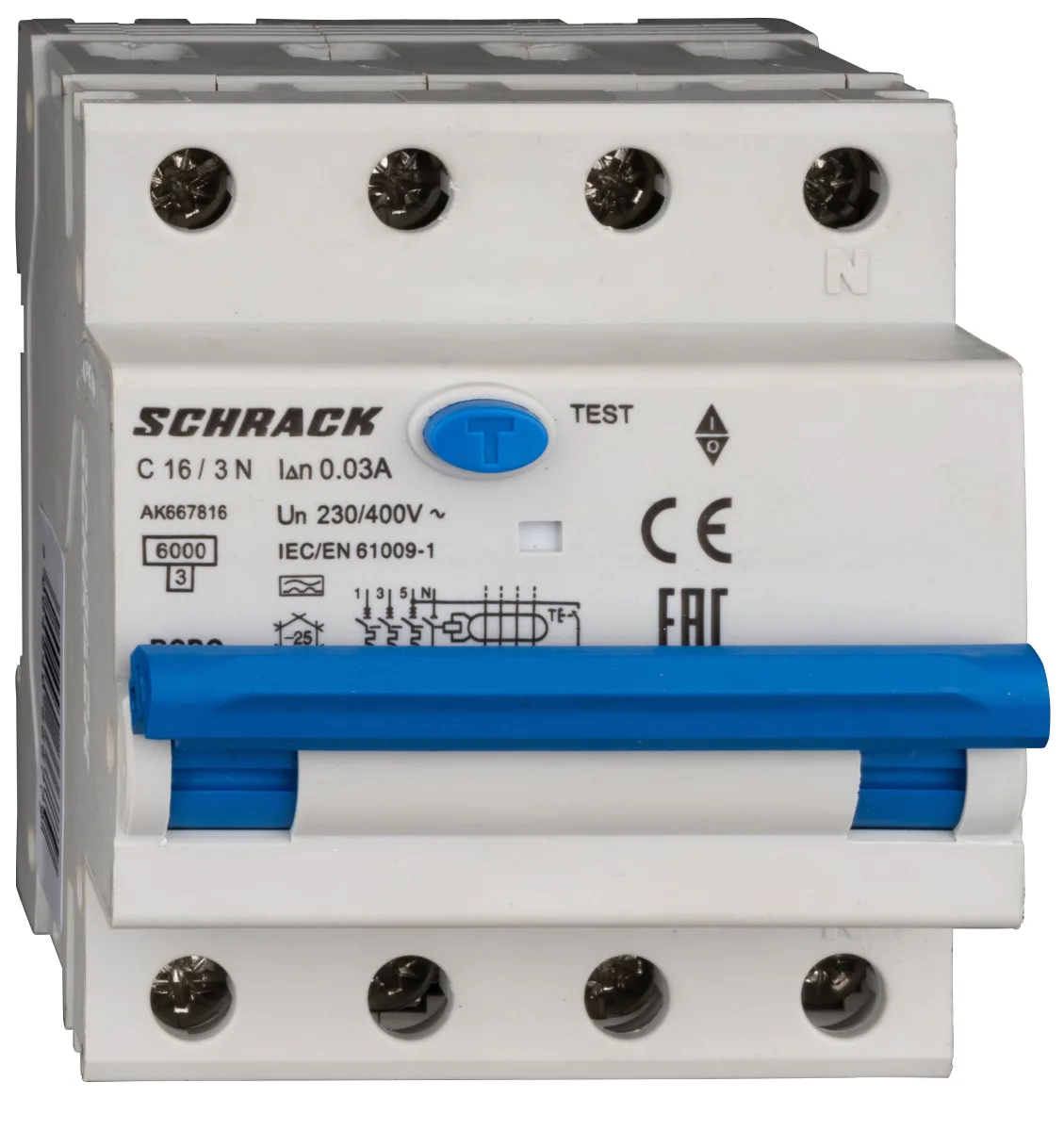 3+N полюсті автоматты ажыратқыш УРО-мен C16А, 6кА, 30мА, А түрі