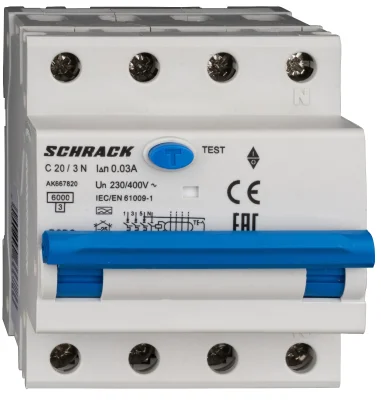 Автоматический выключатель с УЗО C20А/3+N, 6кА, 30мА, тип А