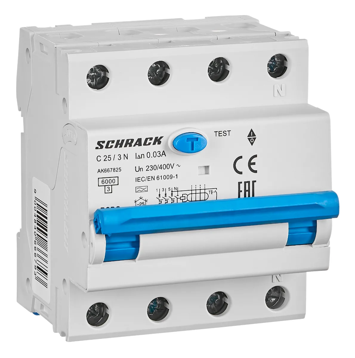 Автоматты ажыратқышы УЗО-мен C25А/3+N, 6кА, 30мА, А түрі