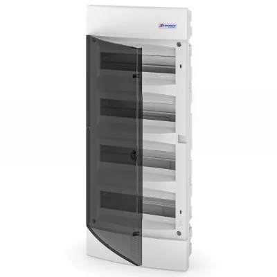 Flush-mounted distribution board, 4 rows, 48 modules, transparent door