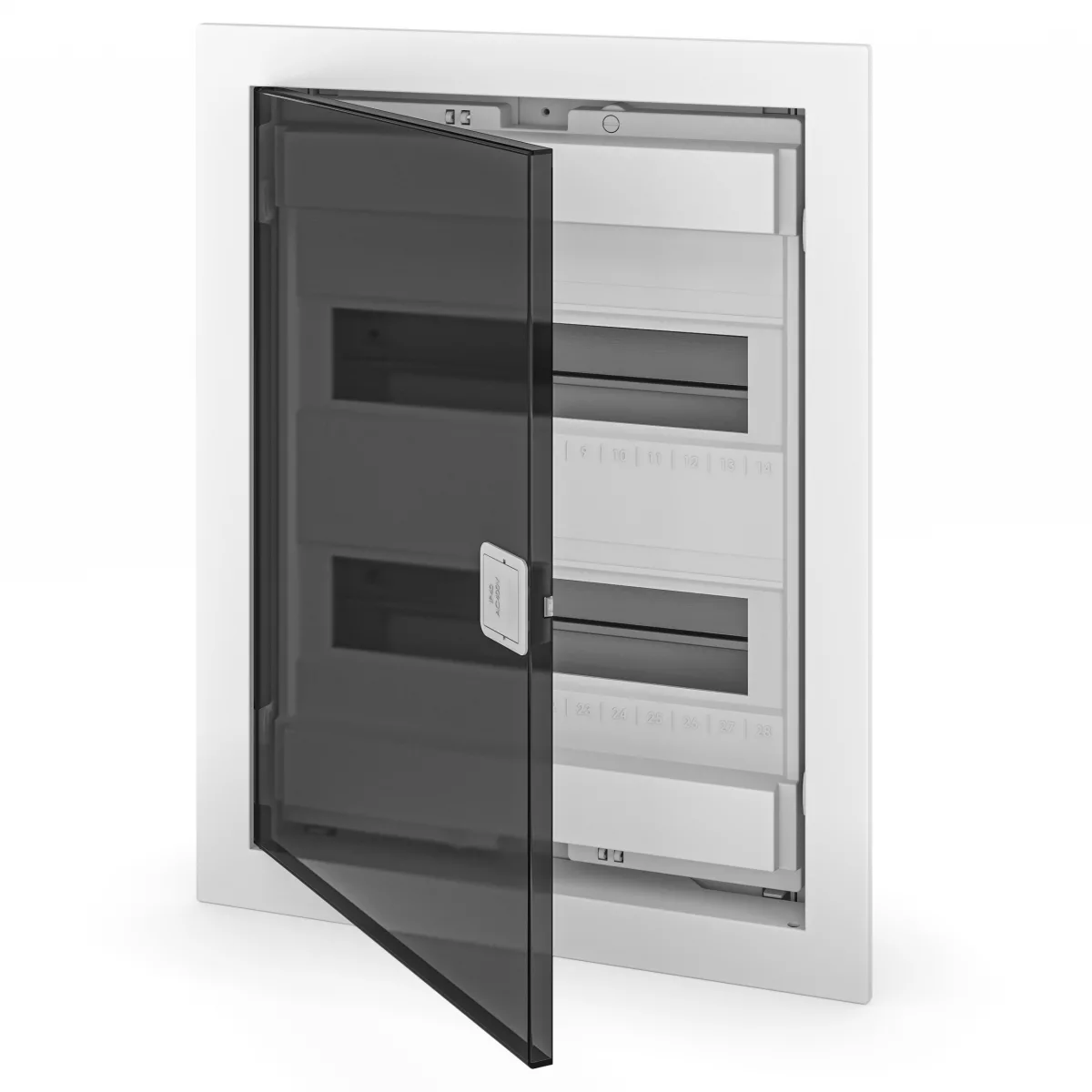Flush-mounted modular panel, 2-row, 24+4 modules, transparent door