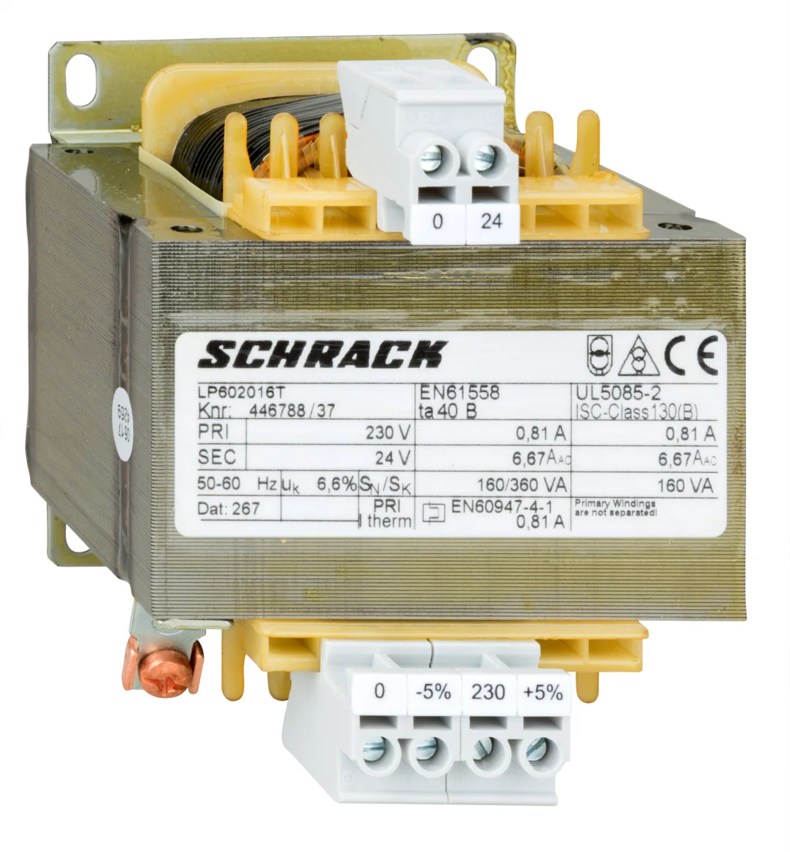 Однофазный трансформатор, 230V/24V, 160VA, IP00