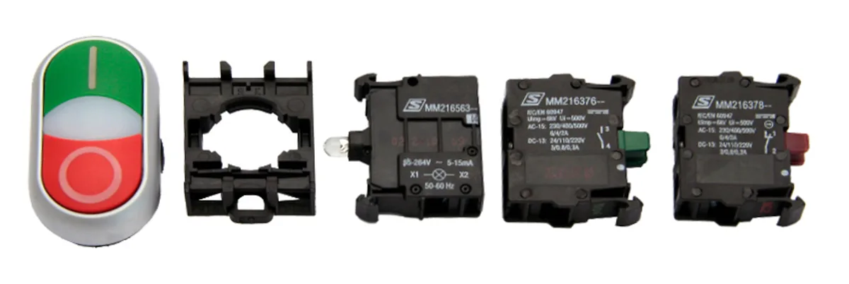 Двойная кнопка с индикацией, зел/красн, 230В/1НО+1НЗ